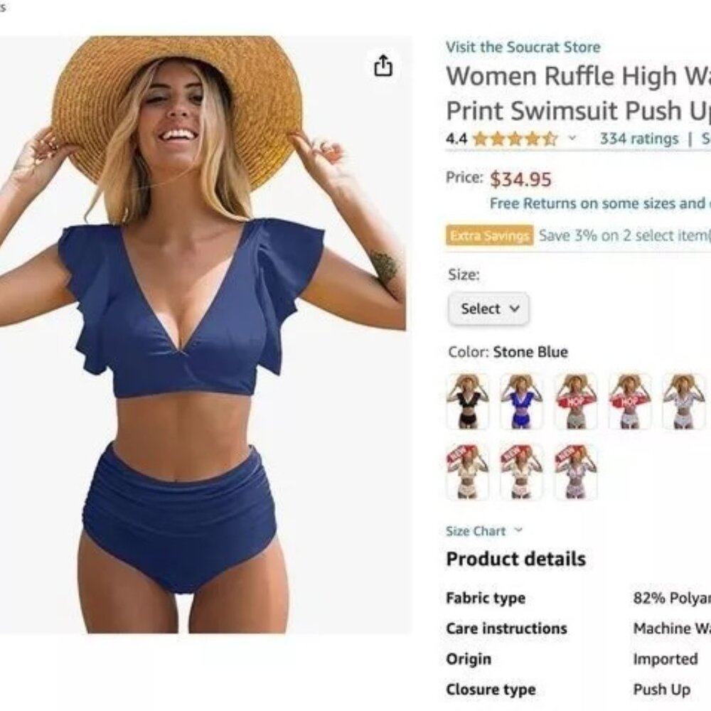 New Women's Blue Ruffle High Waisted Swimsuit Two Piece bathing suit Medium/M